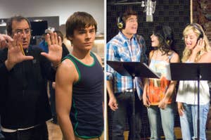 Director guides actor on set; group of three actors sing in recording studio. Casual attire: tank top, plaid shirt, floral top, and layered tank tops