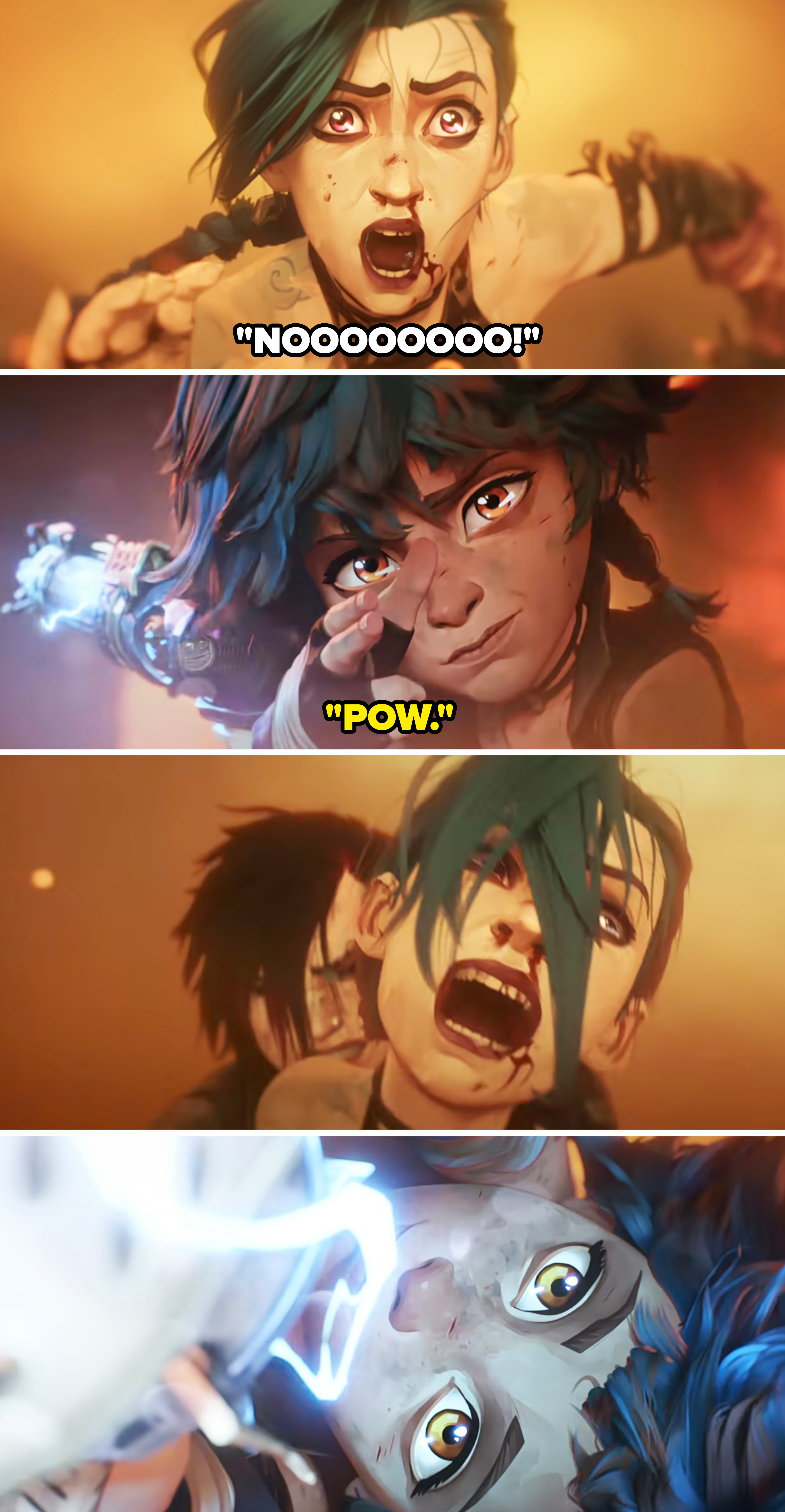 Animated character with blue hair showing intense emotions in various action scenes