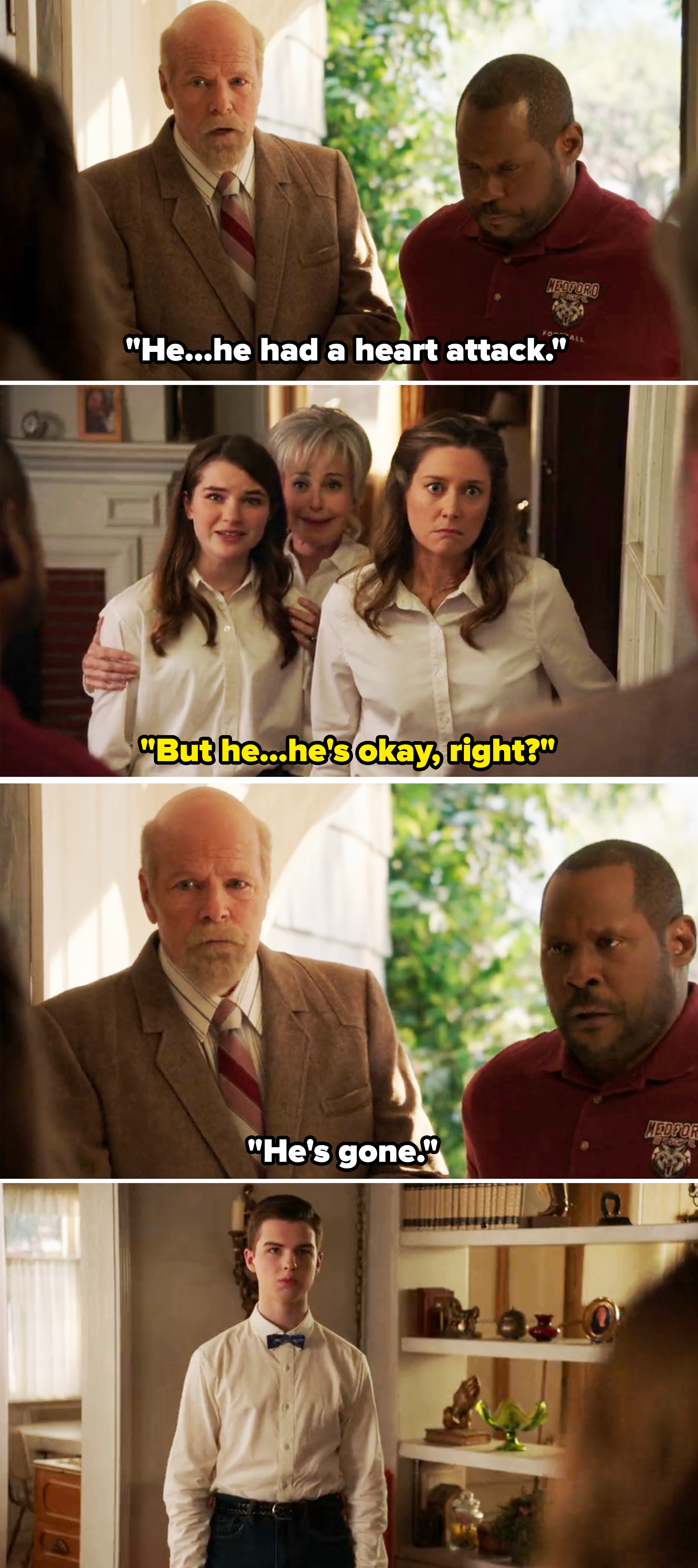 Scene from a TV show with a group of people in a tense confrontation; one person wears a suit, others are in casual attire