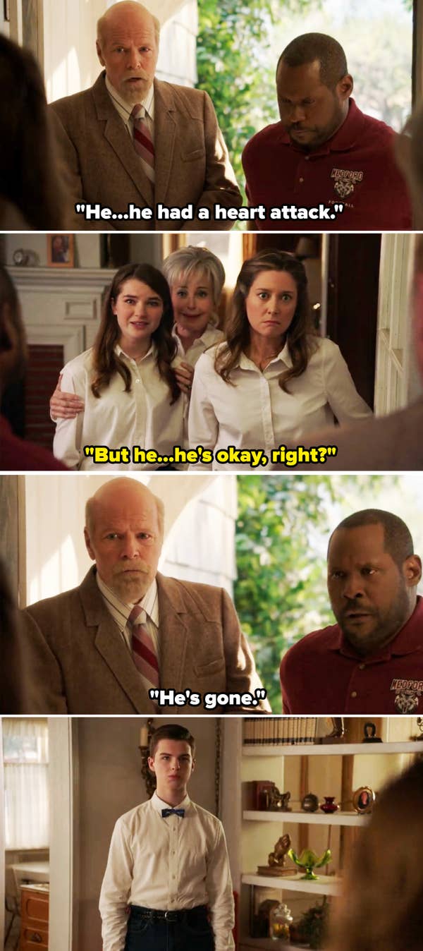 Scene from a TV show with a group of people in a tense confrontation; one person wears a suit, others are in casual attire