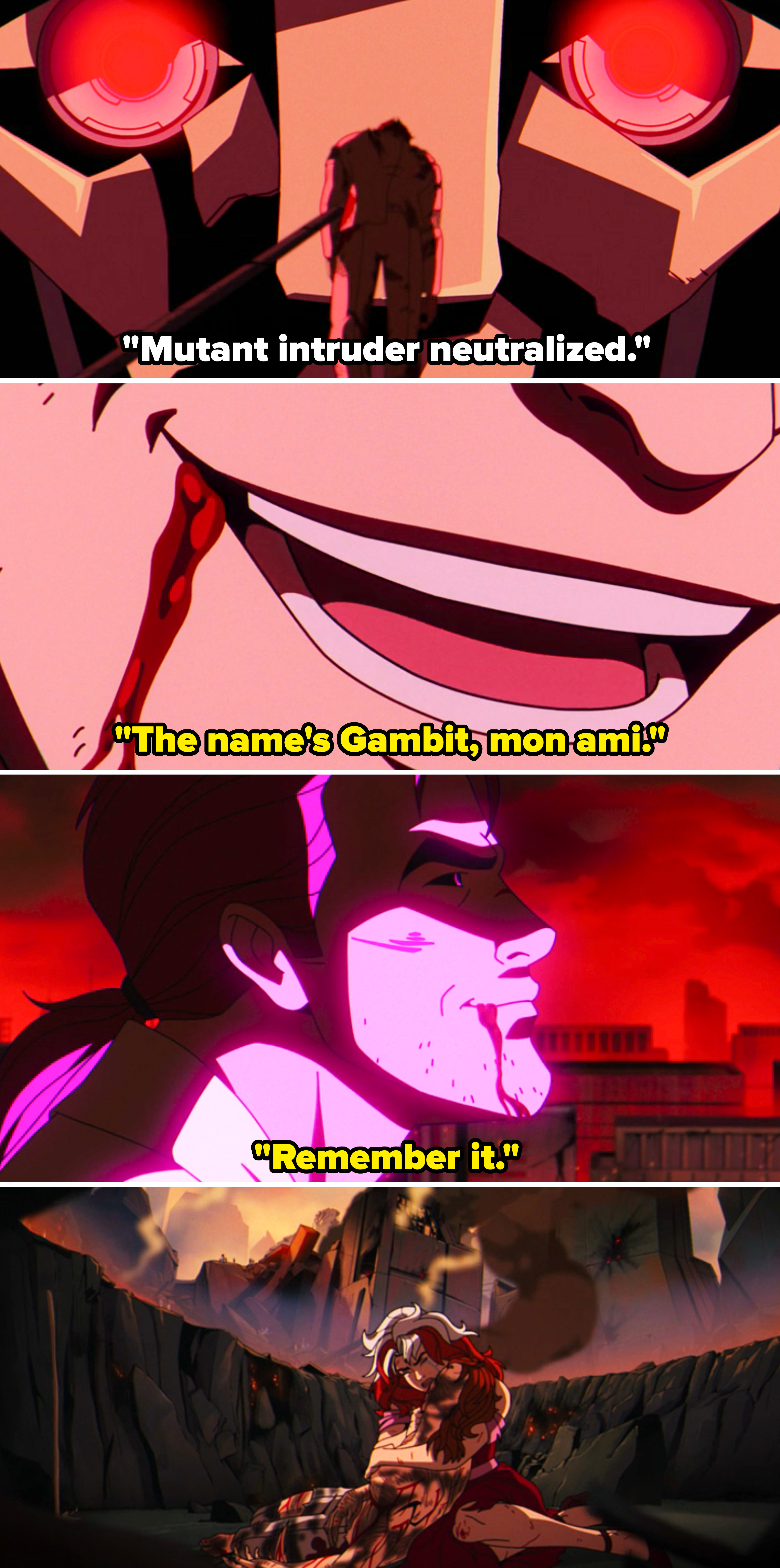 A series of intense animated scenes showing close-ups of a character with a sinister smile, red glowing eyes, and dramatic action moments