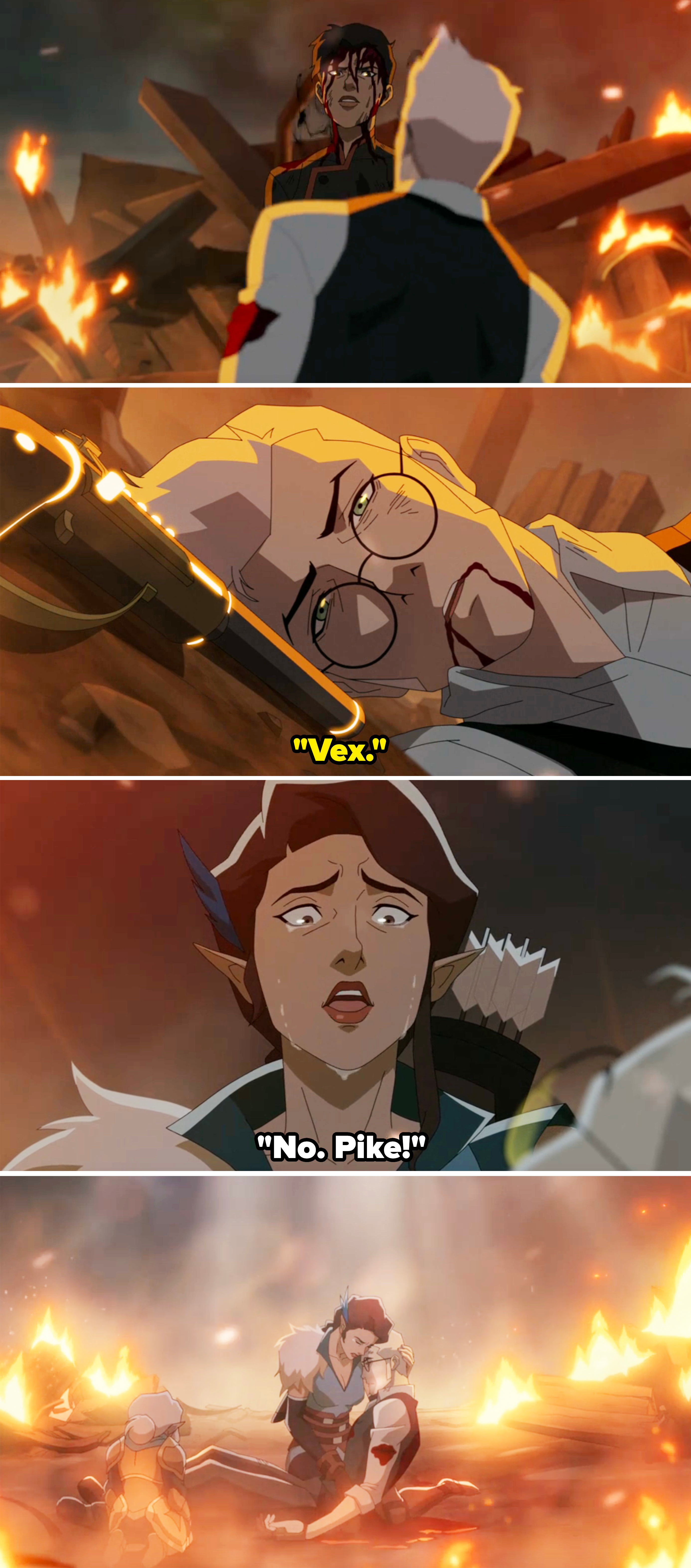 Animated scene shows dramatic confrontation and emotional moments between two characters amidst a fiery background