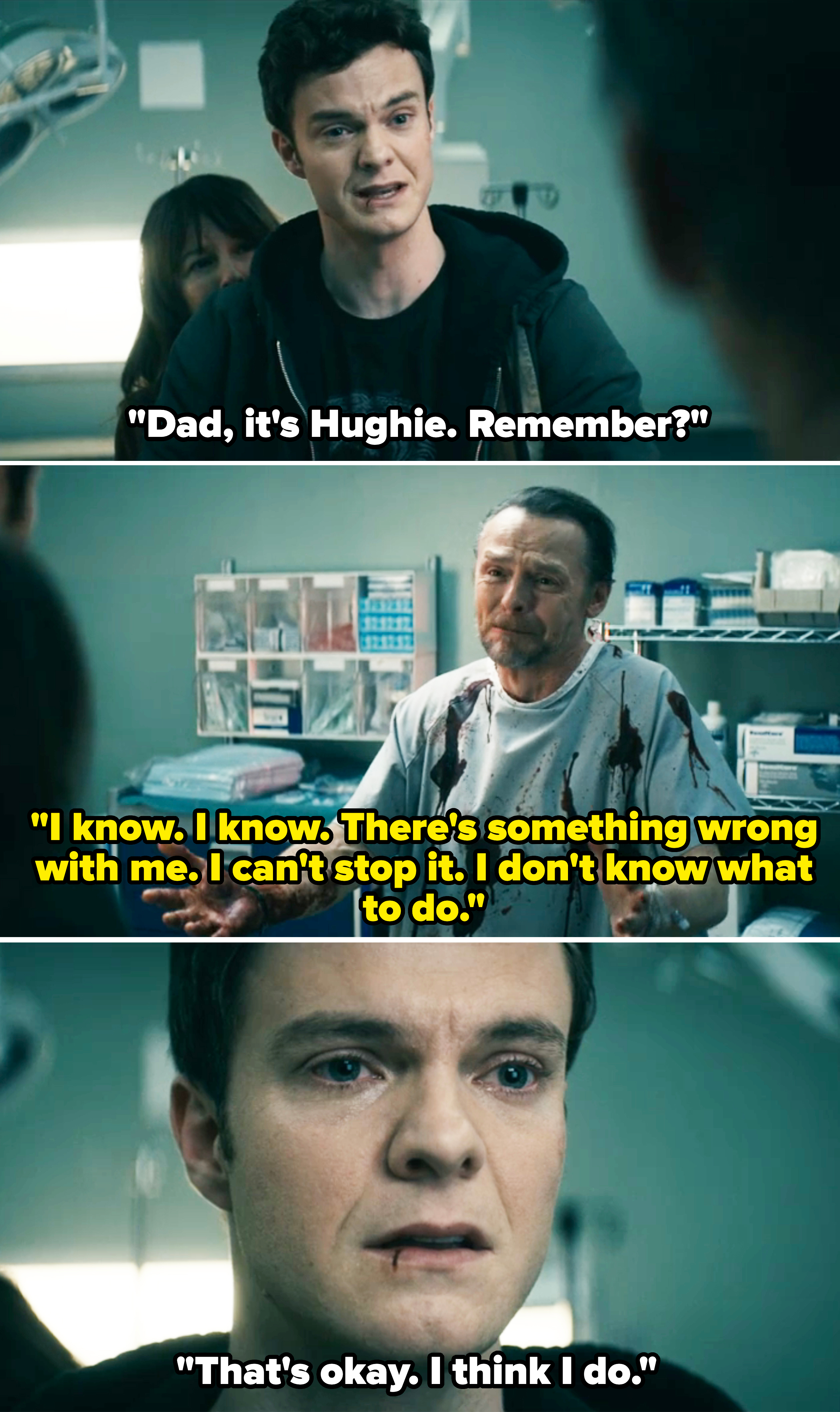 A tense scene from a medical drama with two men: one in a hoodie, the other in a bloodstained shirt, both appearing distressed