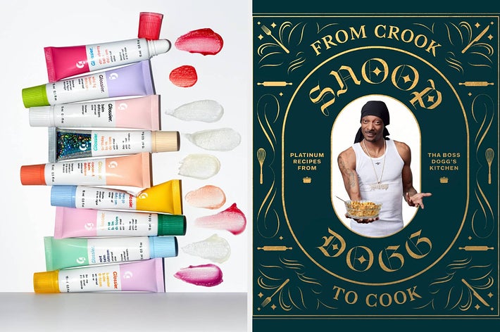 Assorted skincare tubes next to Snoop Dogg cookbook cover titled "From Crook to Cook," featuring Snoop holding a dish