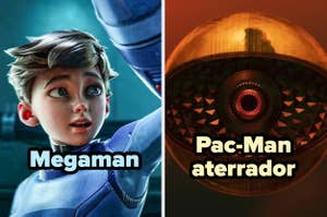 Megaman en traje futurista junto a un Pac-Man aterrador