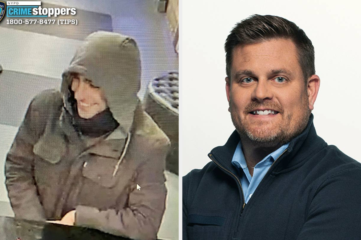 Left: Security footage of a person wearing a hooded jacket and scarf, smiling. Right: A man wearing a blazer and shirt smiling at the camera