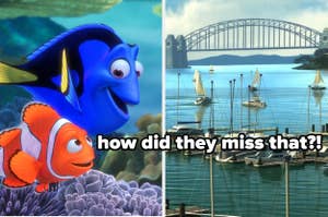 Animated fish from a popular movie next to a real-life harbor with boats, text overlay says, "how did they miss that?!"