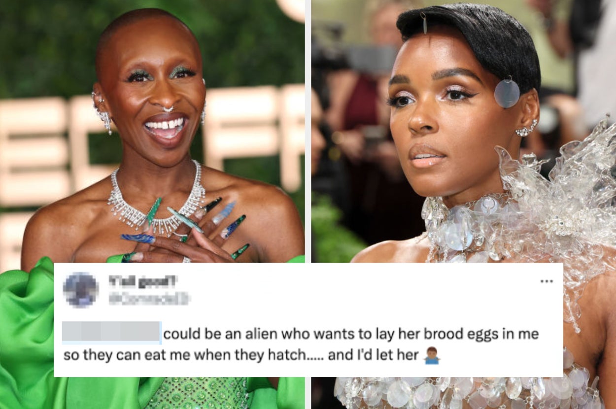 Two celebrities on the red carpet; one with a shaved head and sparkling jewelry, the other in a unique, textured gown. Text below is a humorous tweet