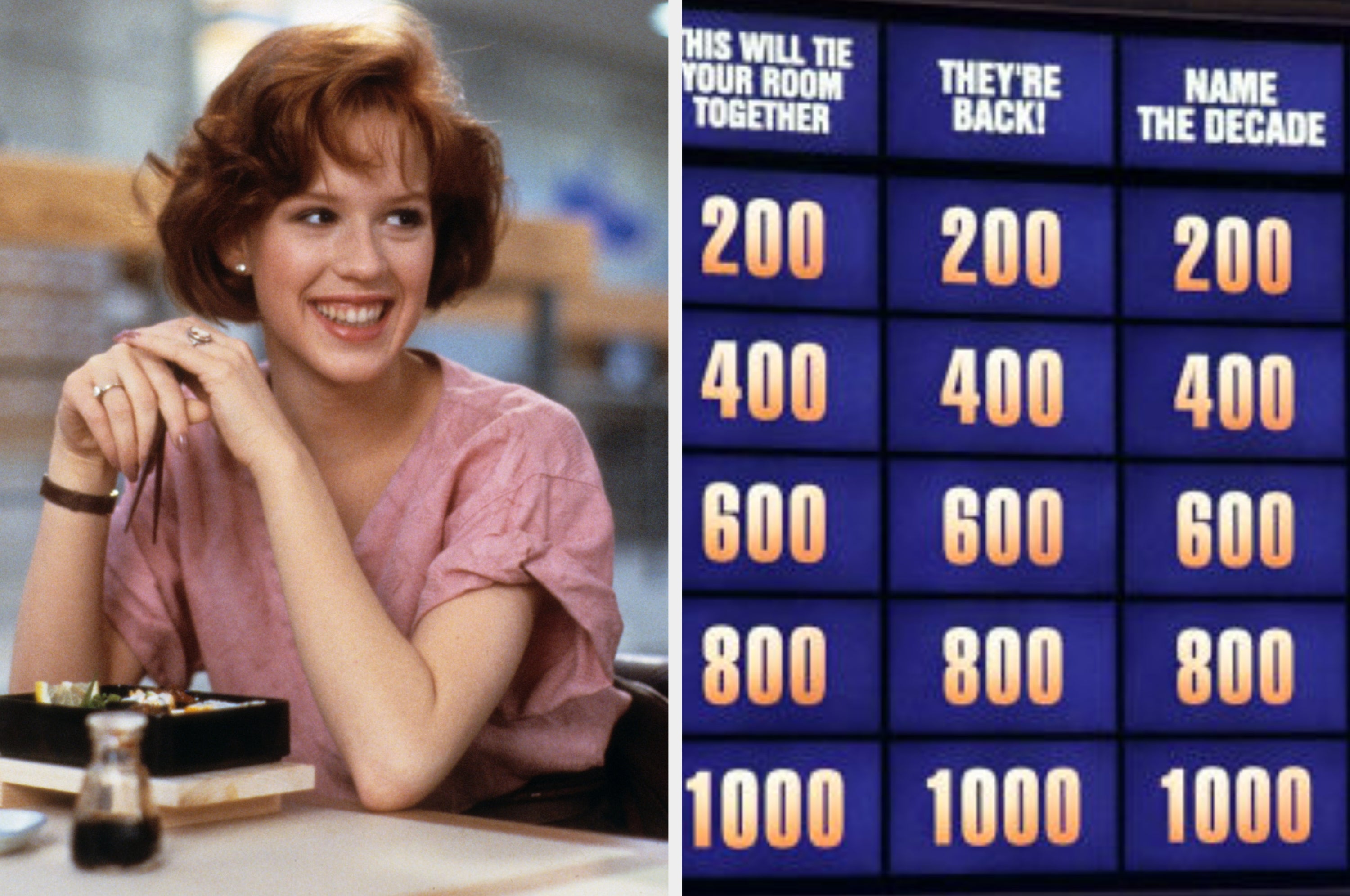 "Jeopardy! game board next to Geena Davis playing baseball, holding a bat, dressed in a vintage baseball uniform."