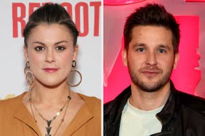 Two people pose for photos at separate events. One wears hoop earrings and a collared top; the other sports a casual jacket with a T-shirt