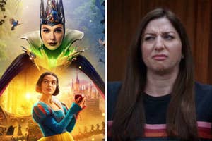 On the left, a fantasy movie poster with a queen and a young woman holding an apple; on the right, a person making a skeptical expression