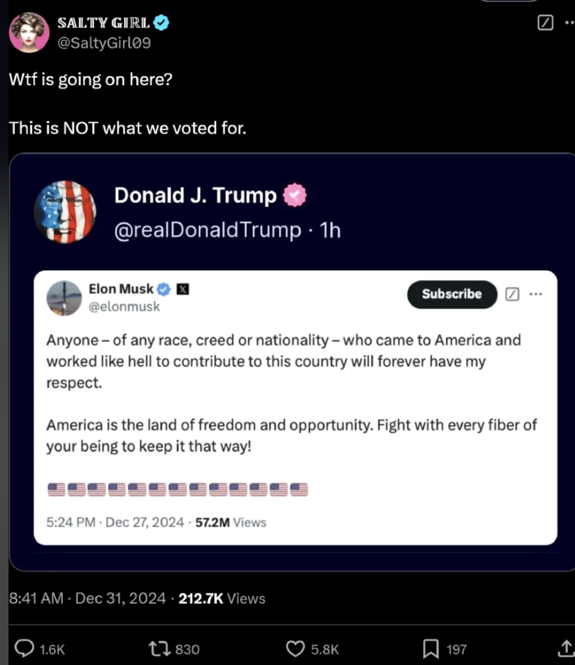 Social media post featuring tweets from Donald Trump and Elon Musk discussing American freedom and opportunity