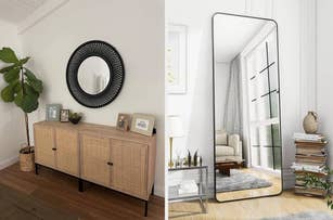 Side-by-side images of home decor: left, a rattan cabinet with framed photos and a round mirror; right, a floor-length mirror leaning against a wall beside a plant and books