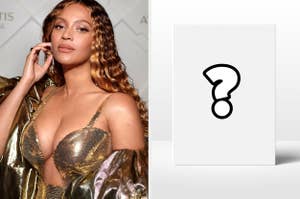 Beyoncé on a red carpet in a gold top and pushing back her long wavy hair. An image of a book cover with a question mark on it.