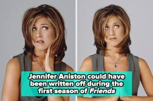 Two images of a woman with a bob haircut looking contemplative. Text overlay: "Jennifer Aniston could have been written off during the first season of Friends"