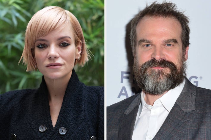 Two celebrities at an event; one wearing a textured black outfit, the other in a formal suit with a white shirt