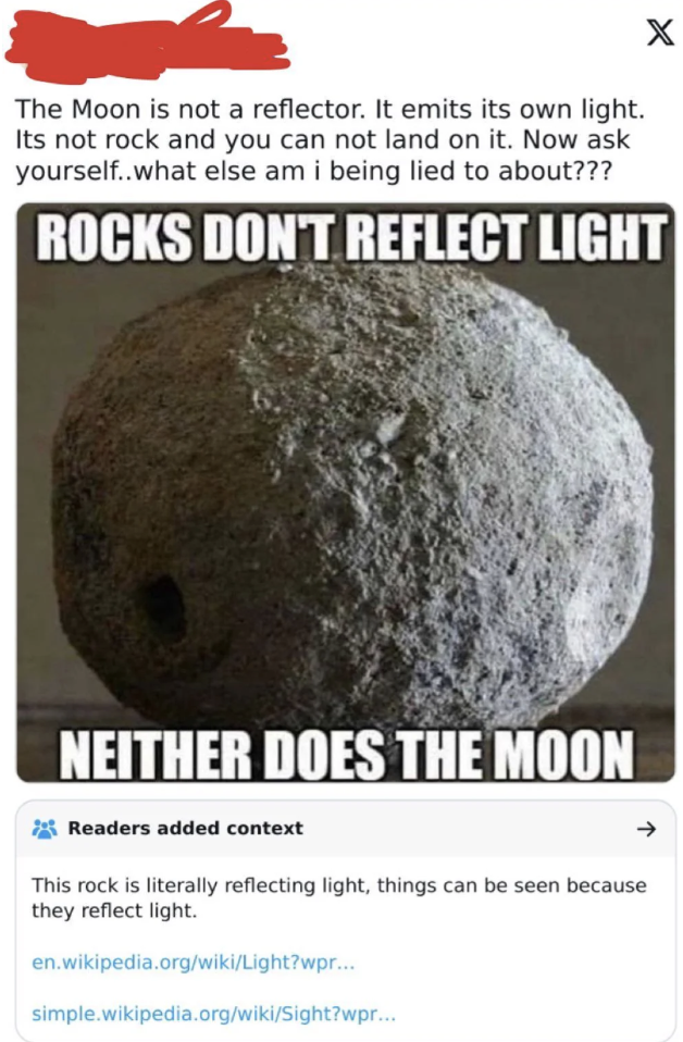 Image of a rock with text claiming the Moon emits light like a rock does. Fact-check note mentions rocks reflect light