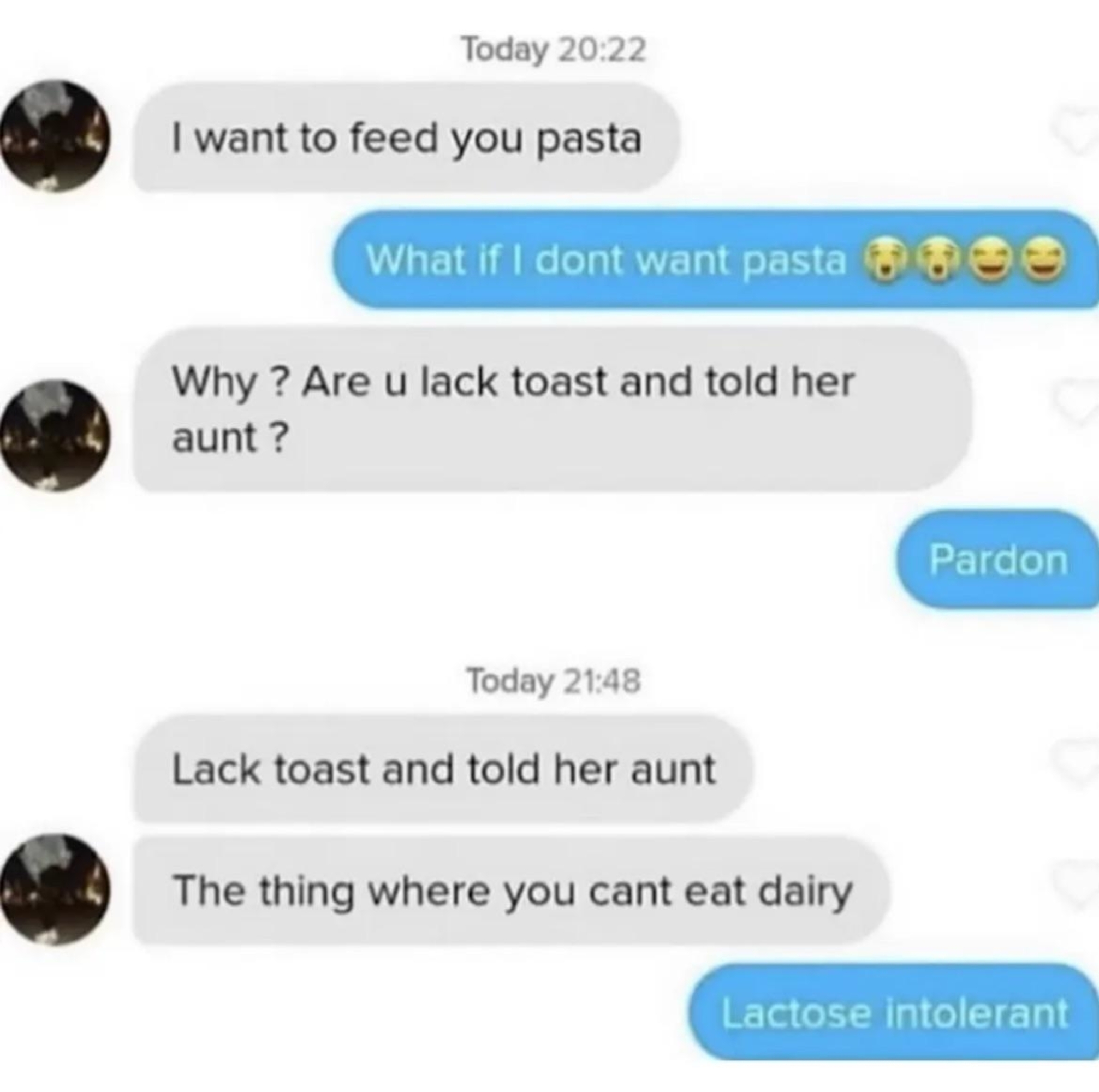 Text conversation about lactose intolerance misunderstood as "lack toast and told her aunt."