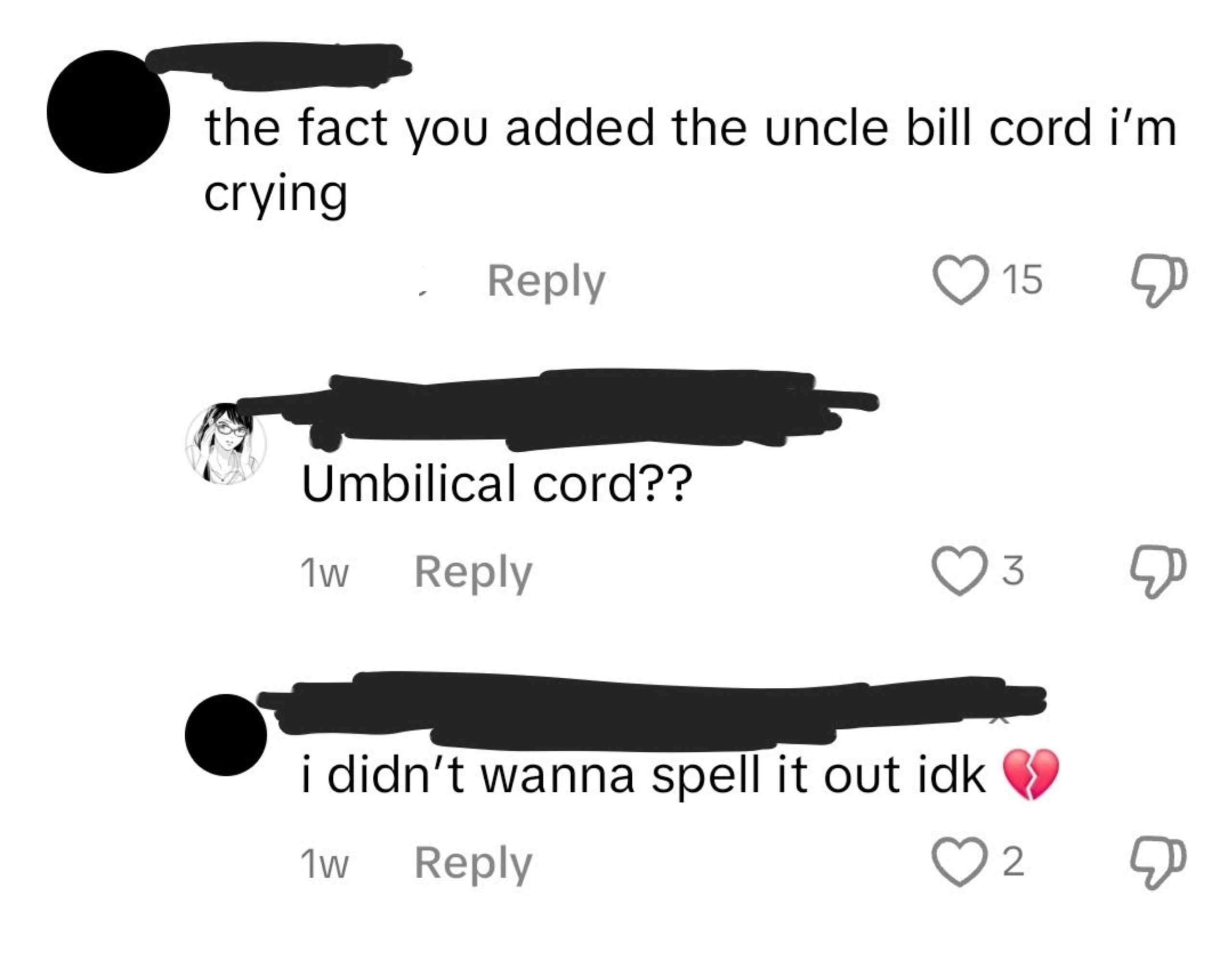 Social media comments joking about a typo confusing "umbilical cord" with "uncle bill cord," followed by laughing reactions
