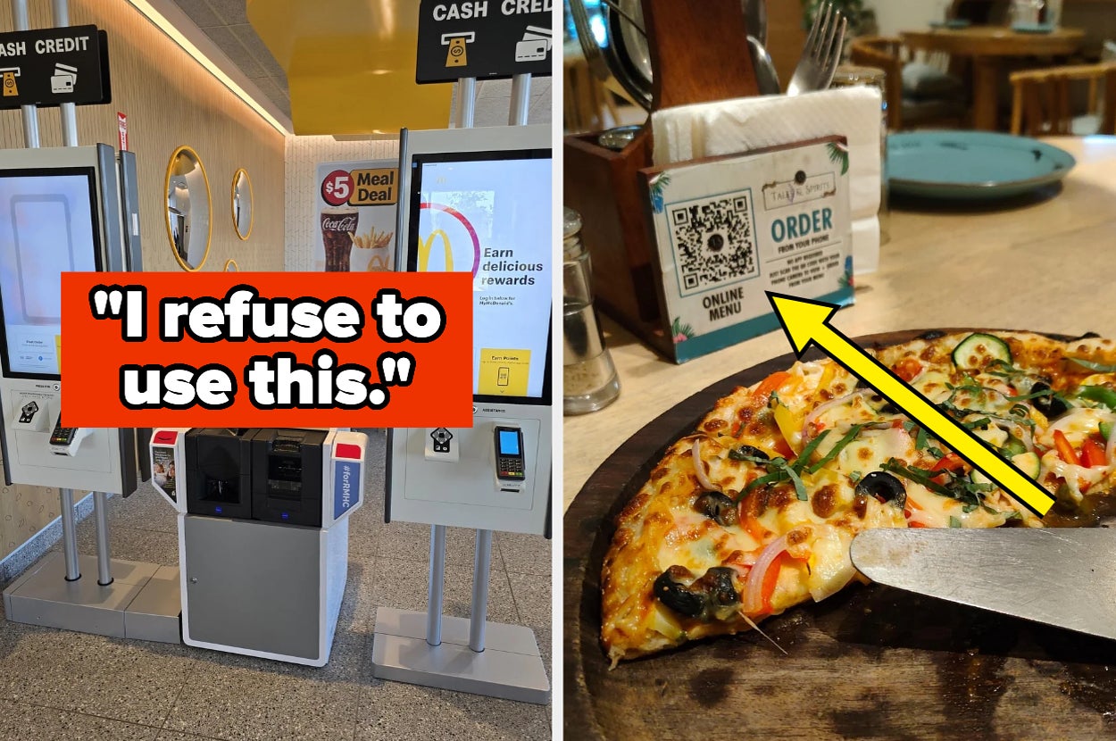 Left: Self-service kiosks with a text overlay that says "I refuse to use this." Right: Pizza next to a QR code for an online menu