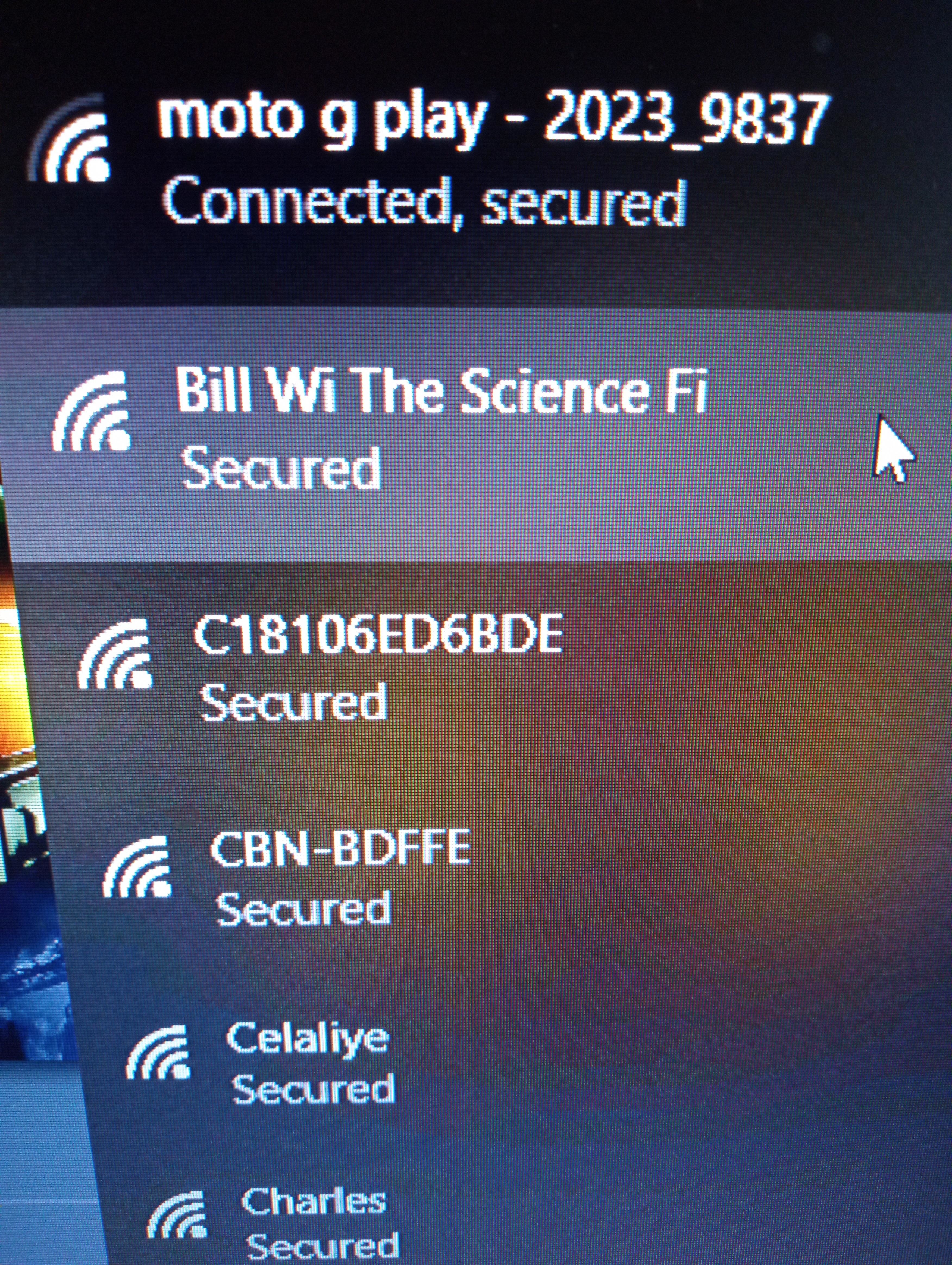 Wi-Fi networks database  connected  a instrumentality  screen, with humorous web  sanction  "Bill Wi The Science Fi."