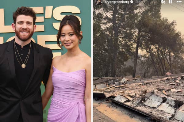 Left: A man in a black suit and a woman in a strapless lavender gown pose on a red carpet. Right: A scene of damage with fallen trees and debris