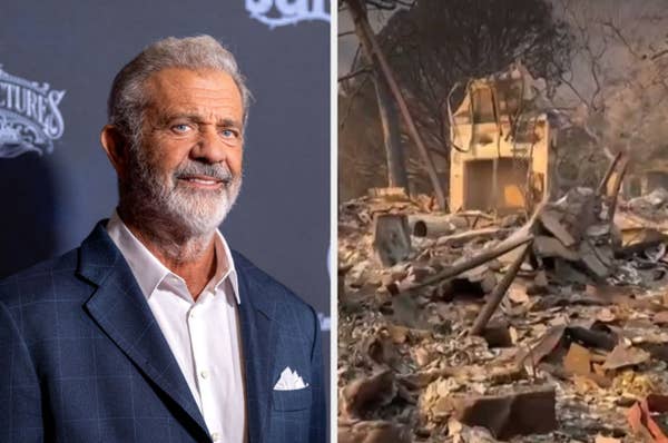A person in a suit on a red carpet; a scene of destruction with rubble and debris in a forested area
