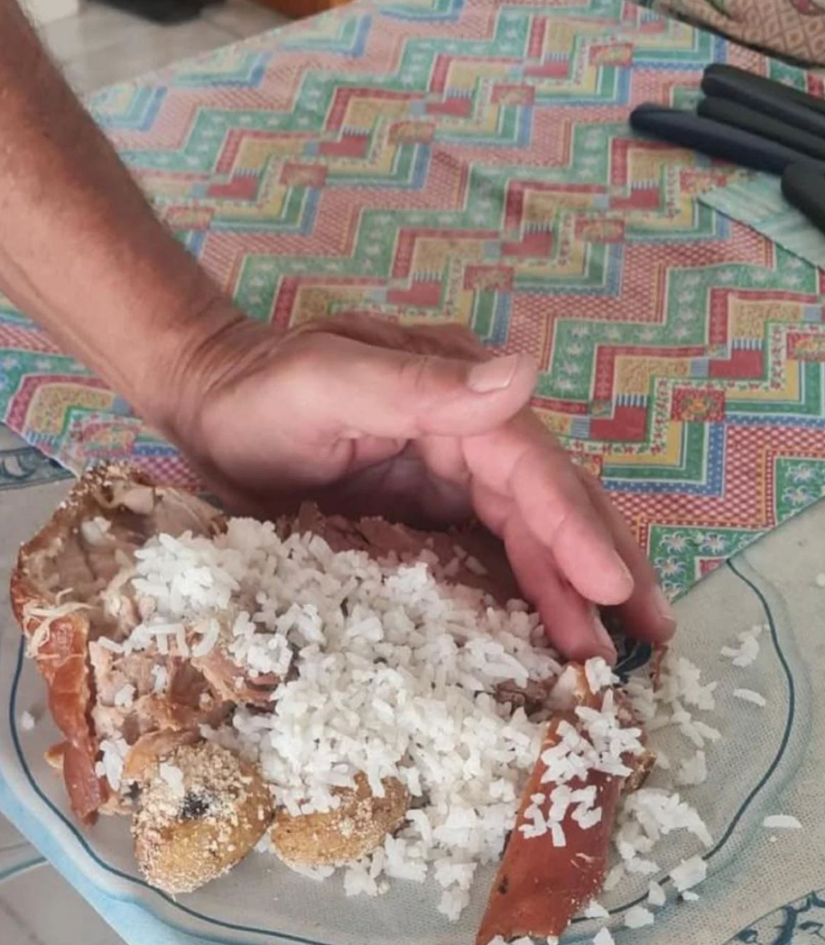 Hand preparing a crockery  with rice, breaded items, and a cooked crustacean ammunition  connected  a patterned tablecloth