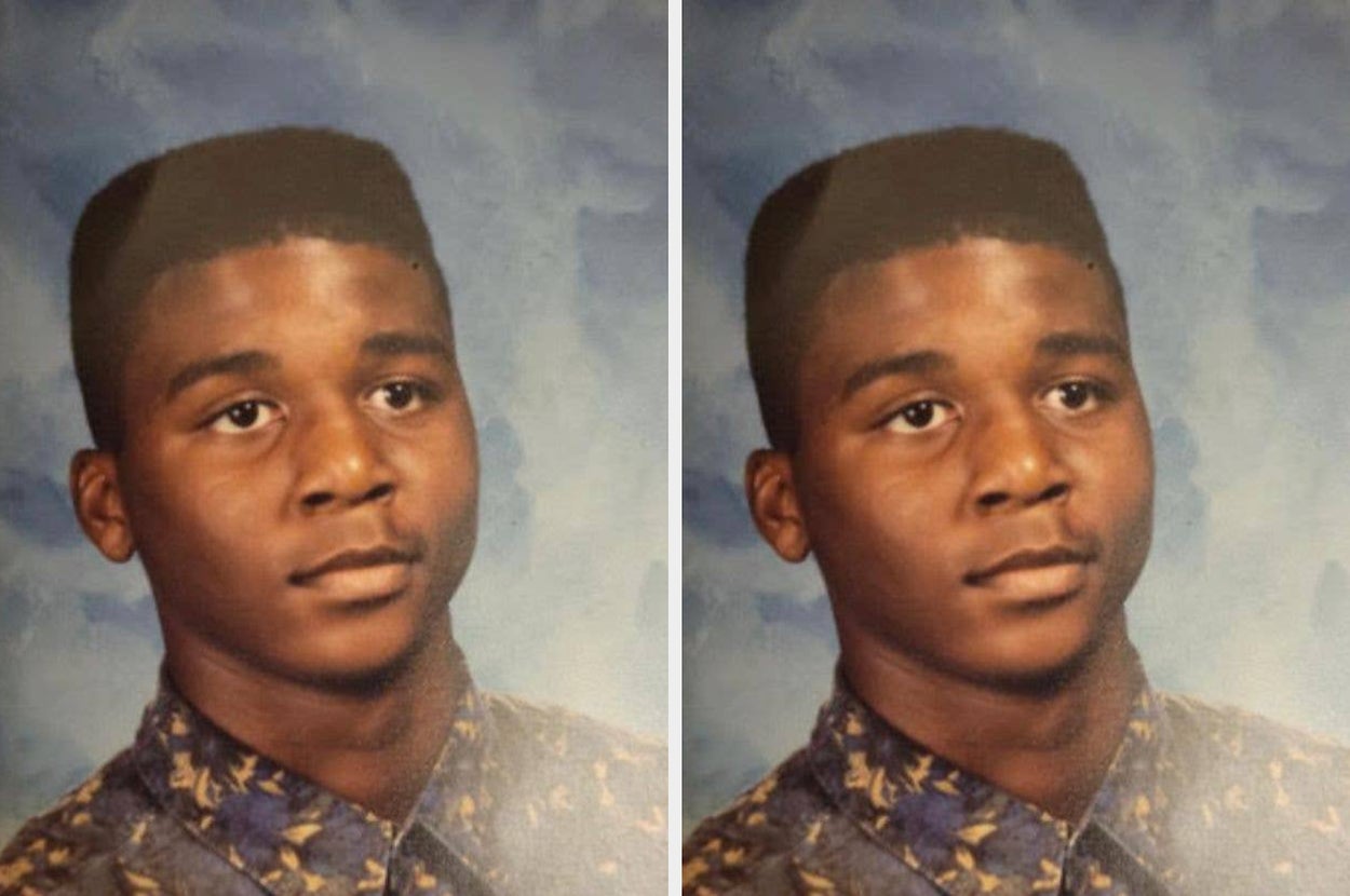 Teenager looking forward, wearing a patterned shirt, set against a simple backdrop. The style is reminiscent of a school photo
