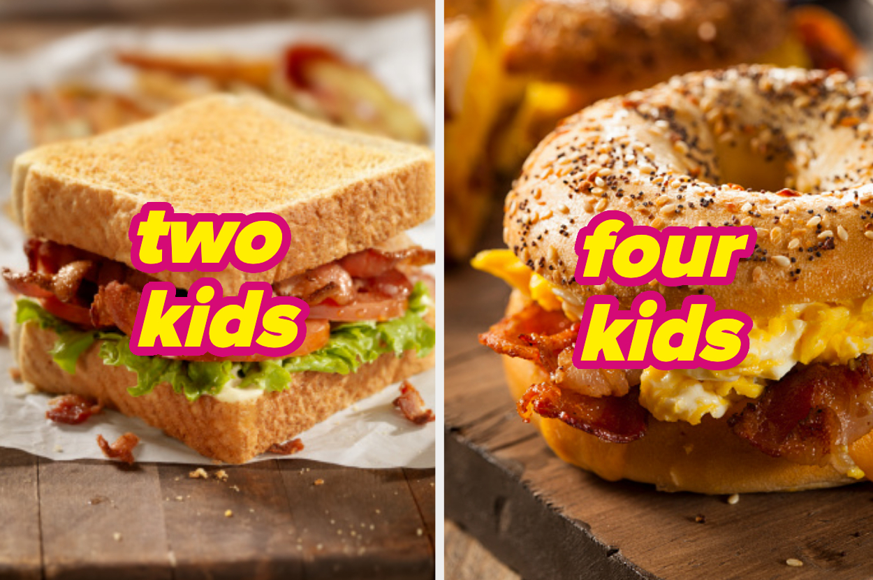 Sandwich with bacon, lettuce, and text "two kids" beside a bagel with bacon, egg, and text "four kids."