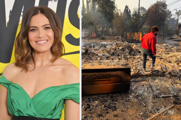 Left: Woman in off-shoulder gown on a red carpet. Right: Person in red sweater walking through a burnt and debris-filled area