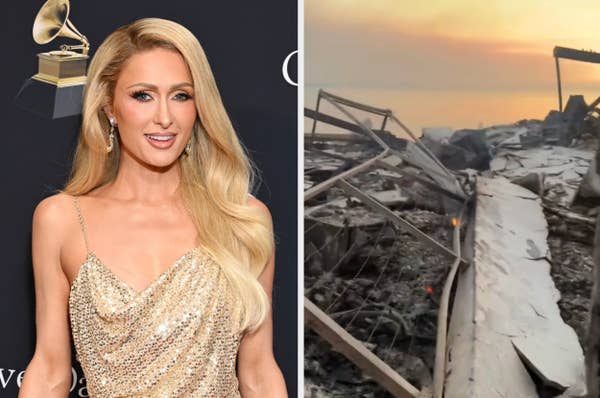 Left: Person in a glittering gown at an event. Right: Charred remains of a building post-fire