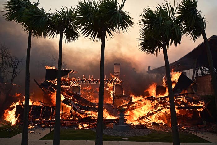 Building engulfed in flames behind palm trees, emitting thick smoke into the sky