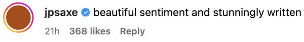 Comment from verified user jpsaxe: &quot;beautiful sentiment and stunningly written.&quot; Posted 21 hours ago with 368 likes