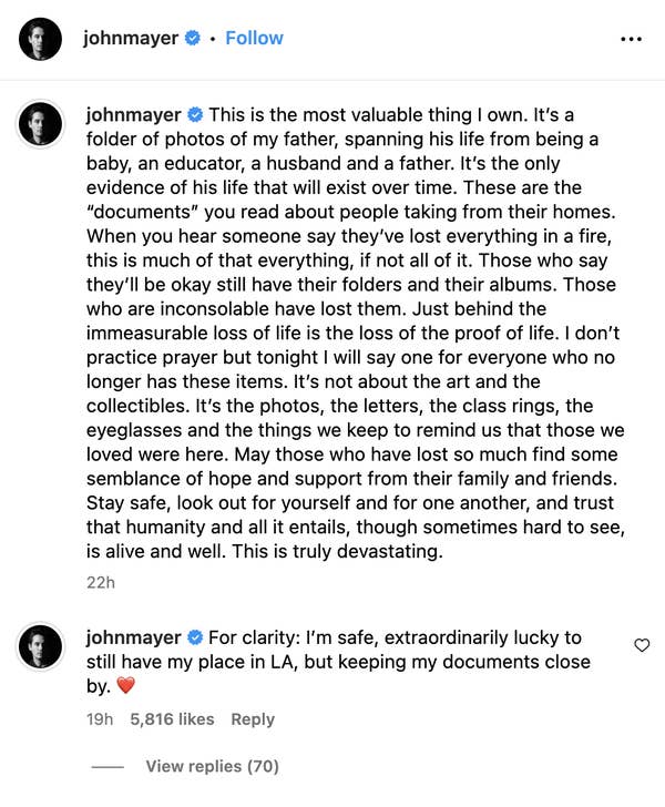 Instagram post by a public figure sharing a meaningful message about the emotional impact of losing personal belongings in a fire