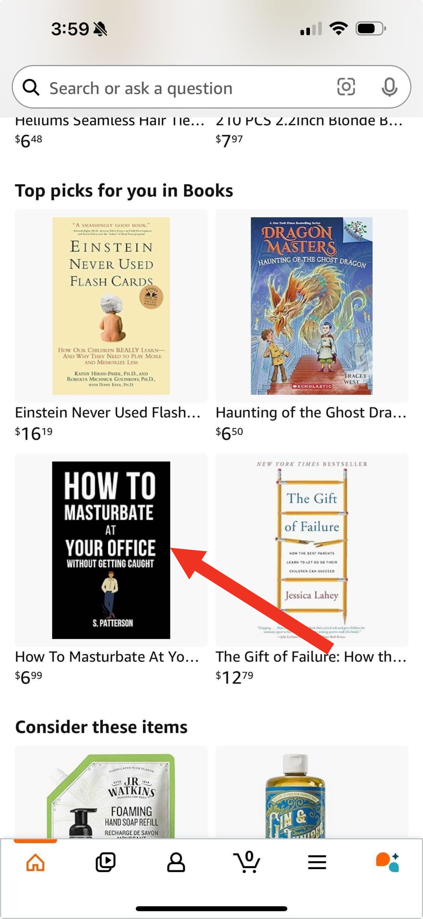 A mobile surface  shows a database  of publication  recommendations, including titles connected  Einstein, dragons, workplace learning, and parenting challenges