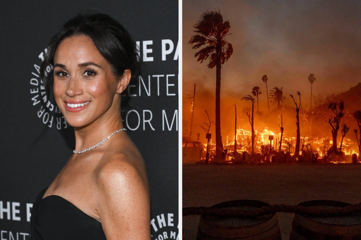 A person in an elegant, strapless gown on a red carpet; alongside an image of a wildfire with silhouetted palm trees