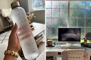 Left: a frosted glass time-marked water bottle. Right: a home-office setup in front of a window with a decorative film
