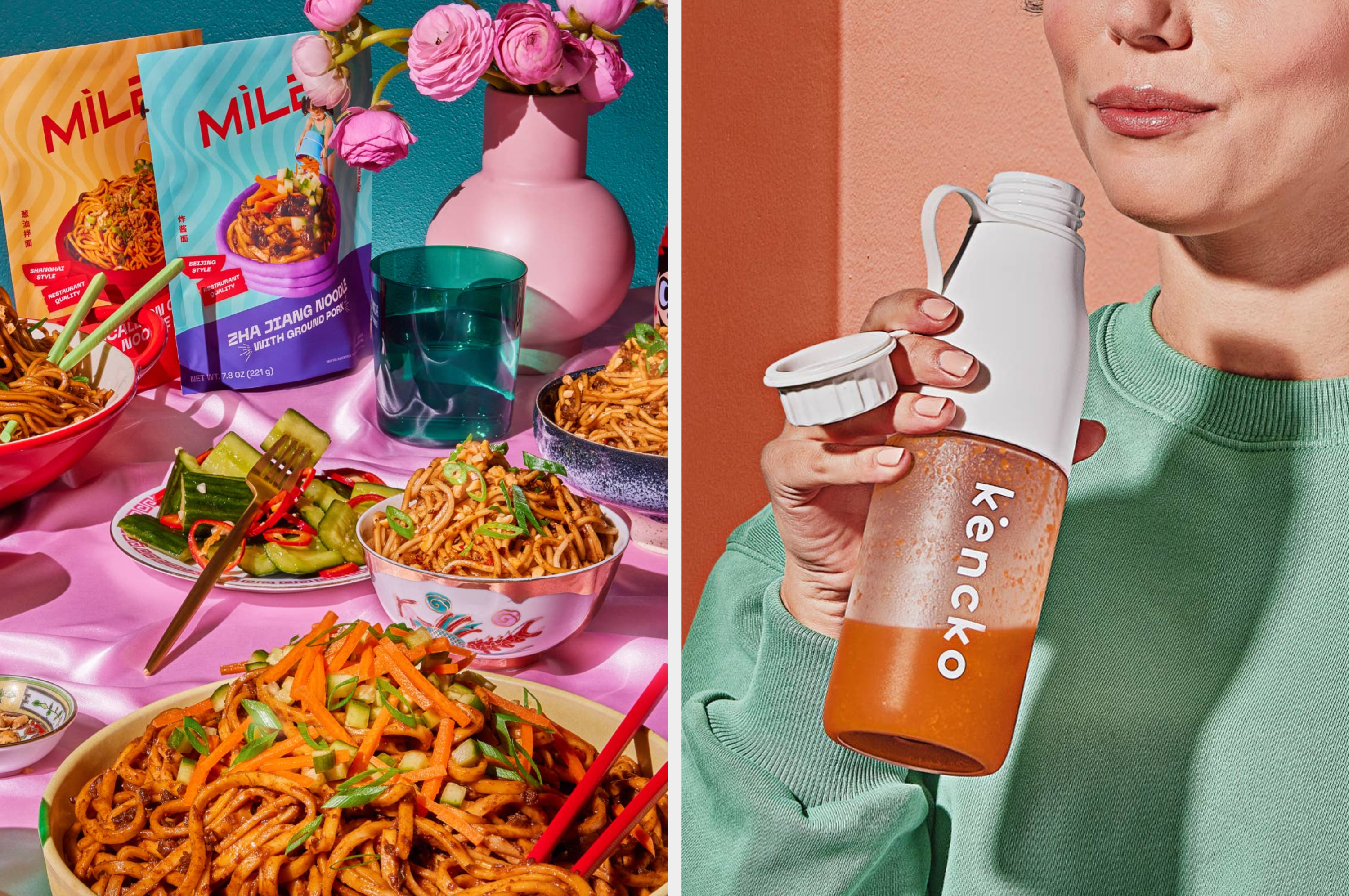 Two images: Left shows an array of noodle dishes with packaged products. Right features a person drinking from a Kencko bottle