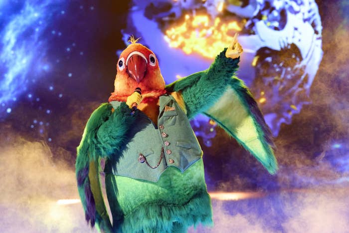 A costumed performer dressed as a bird in a suit jacket sings on stage amidst smoke and lights