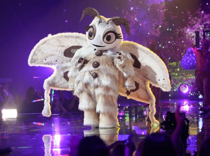 Person in a large, whimsical moth costume with feathery details appears on a stage with dramatic lighting and an audience