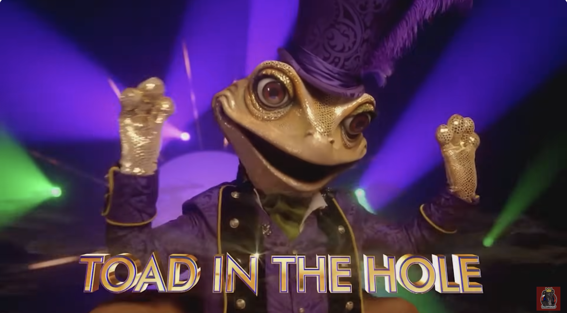 A costumed character, "Toad in the Hole," wearing a detailed outfit with a top hat, shown in a theatrical setting with colorful lights