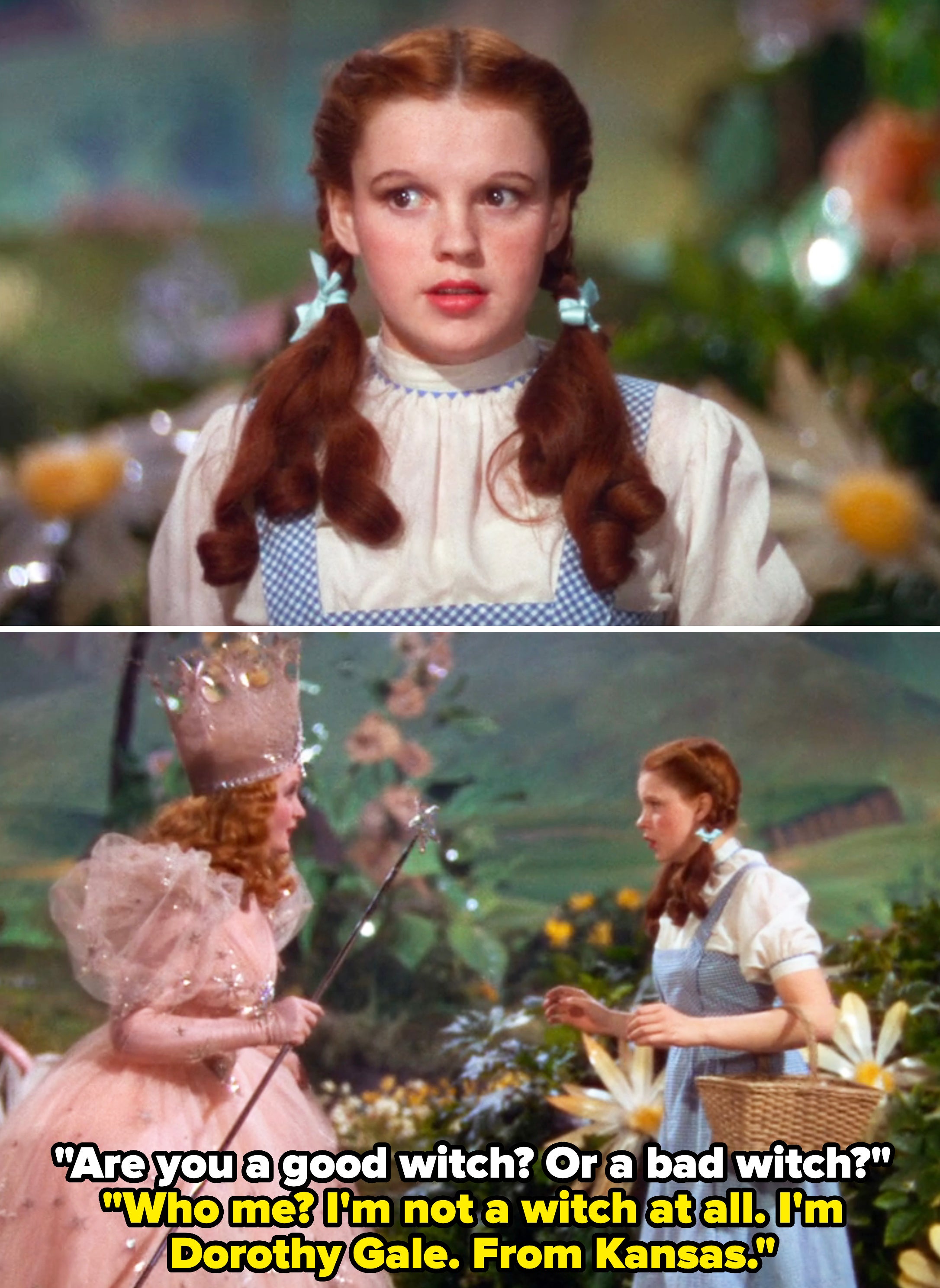 A scene from "The Wizard of Oz" where Glinda asks Dorothy if she's a good witch or bad witch