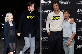 Phoebe Bridgers and Bo Burham walking holding hands, Bo labeled 6'6