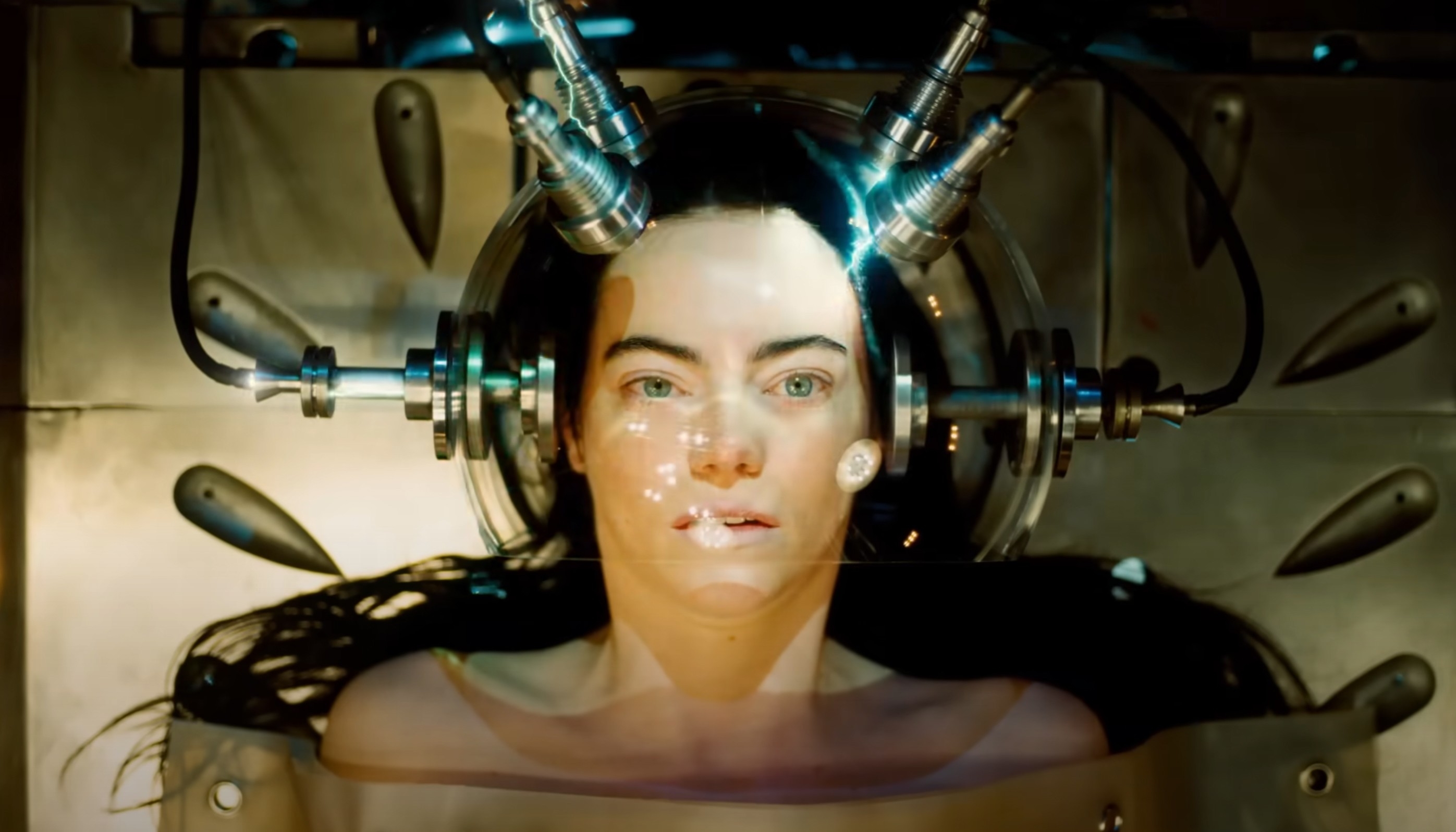 Woman with electrodes connected  her caput  successful  a sci-fi setting, appearing successful  a futuristic oregon  experimental situation  from a movie  oregon  TV scene