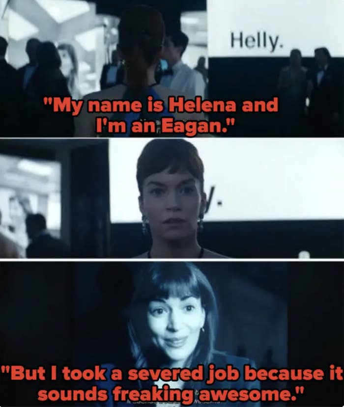 Three scenes from a TV show with a character named Helena, highlighting her dual life as both an Eagan and her excitement about a new job