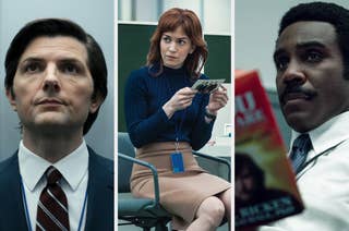 Three actors in a TV series: the first in a suit, the second in a knit top and skirt holding photos, the third reading a magazine, seated indoors