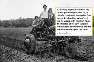 Vintage photo of a family on a tractor. Overlay text: A story about a grandad trying to stop his tractor by shouting "whoa" like with his horse, ending up in a canal