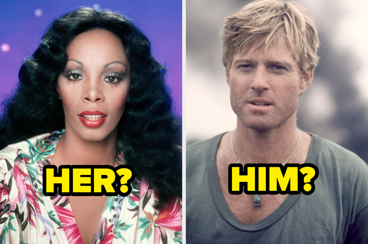 Two celebrities are shown side by side: a woman with long hair and a floral outfit, and a man with short hair wearing a casual shirt. Text reads "Her?" and "Him?"
