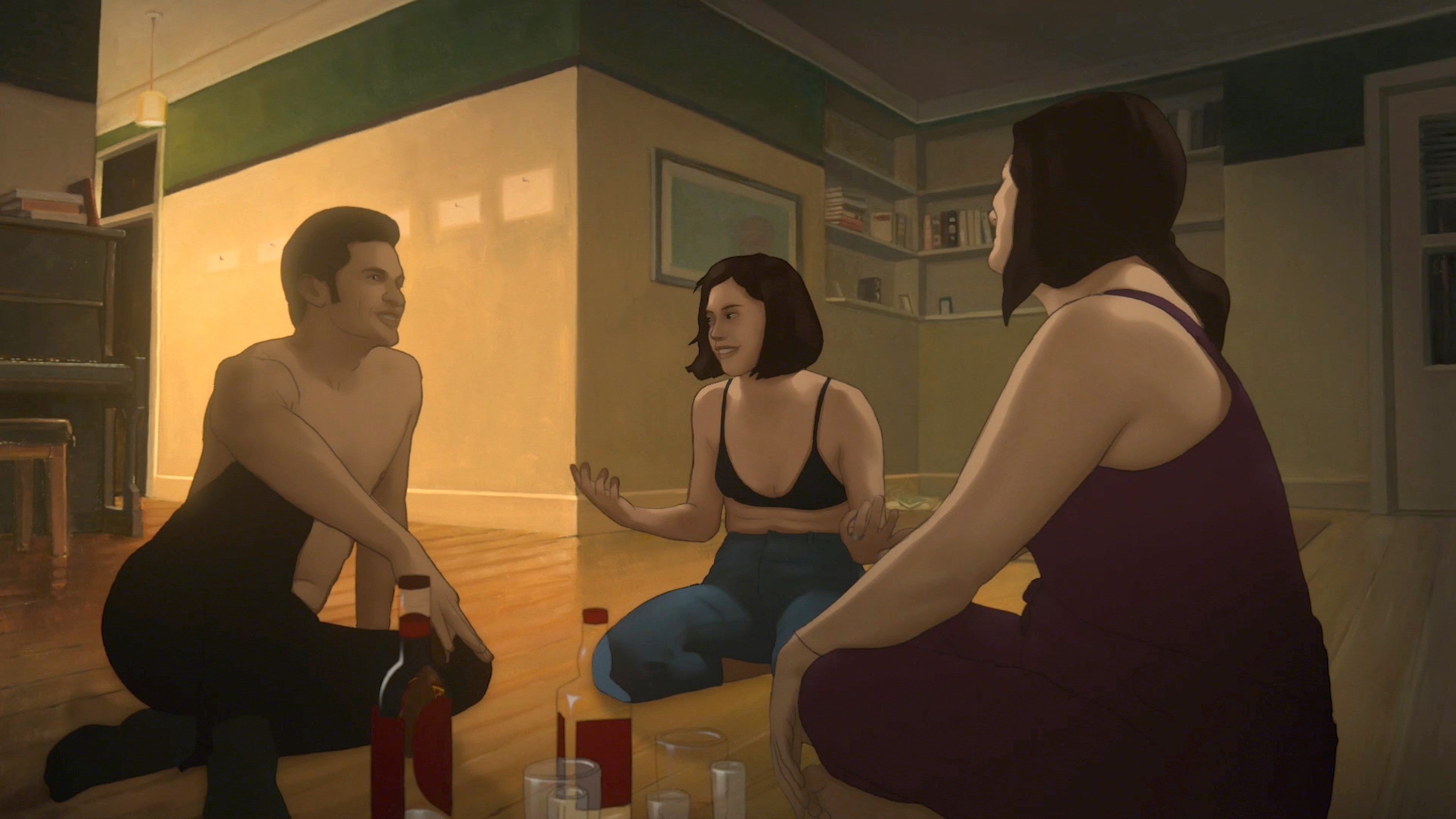Three animated characters sit on the floor, engaged in a lively conversation. Bottles and glasses are in front of them in a dimly lit room